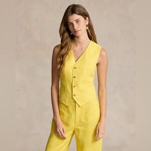 NWT Polo By Ralph Lauren Linen Cotton Waistcoat V Neck Button Placket Vest Sz 12